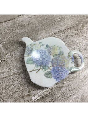 Floral Teapot-Shaped Tea Bag Holder Rest Melamine Made In Italy Blue Hydrangea